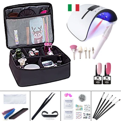 H-TECH KIT RICOSTRUZIONE UNGHIE COMPLETO NAIL ART borsa gel lampada led UV 36w KIT 38pz
