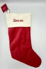 POTTERY BARN CLASSIC VELVET CHRISTMAS STOCKING *STEVEN* RED IVORY NEW MEDIUM