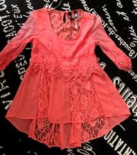 Sz S Coral Pink BOUTIQUE CHIFFON LACE Tunic TOP High Low Ruffle Empire GORED