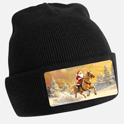 Black Cool Santa Print Beanie Hat - Unisex Cap, Cotton