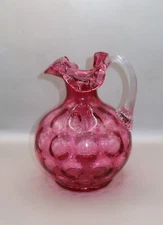 Fenton Wright Glass Cranberry Coin Dot Optic Pitcher Cruet Ribbed Handle 1980's