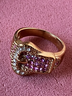 Pink and White Austrian Crystal Buckle Ring Stainless Steel Rose Gold Plated