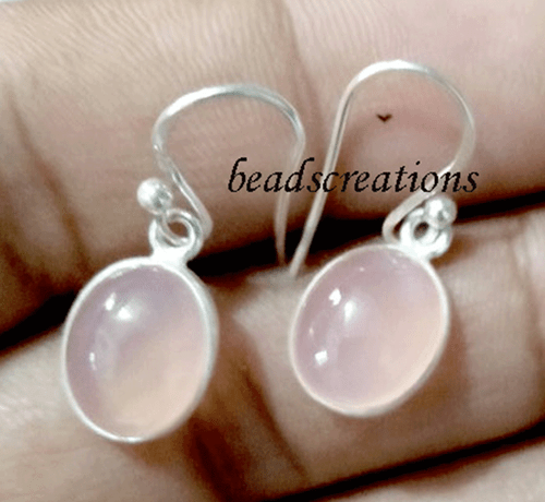 Oval Rose Quartz Gemstone 925 Sterling Silver Dangle Earrings For Christmas Gift - Picture 2 of 5