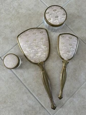 VIntage vanity mirror, brush, dresser jars gold tone long handles brocade Set