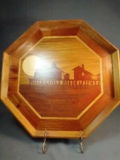 Vtg Wood Marquetry Octagon Plaque Tray Picture Pier Sunset reikes crisa 14.5"