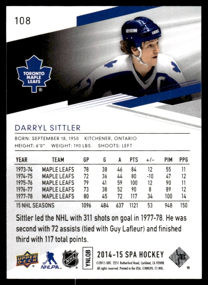 2014-15 SP Authentic Darryl Sittler Toronto Maple Leafs #108 - Image 2 of 2
