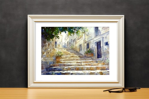 Sunlit Stone Steps 5"x7" Print on Matte Paper | Charming Mediterranean Artwork - Picture 8 of 17