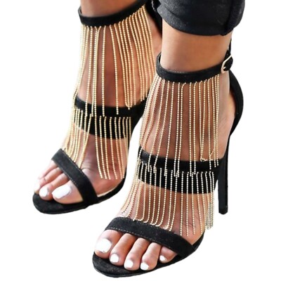 Topshop Sandalen Fransen Kettenabsatz Samt schwarz Party kaum da Gr. UK 4