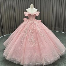 Fashion Big Bow Pink Quinceanera Dresses Off the Shoulder Lace up Ball Gown