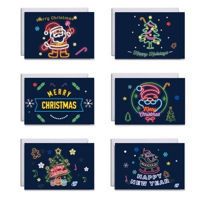 6pcs/set Christmas Greeting Cards with Envelopes Stickers Neon Merry Christmas