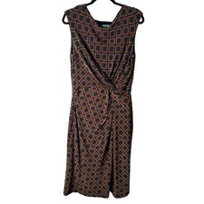 Lauren Ralph Lauren Dress Womens 14 Black Brown Geo Print Stretch Pleats Classic