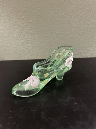 Vintage Fenton Hand painted Light Green Glass Victorian Style Signed
