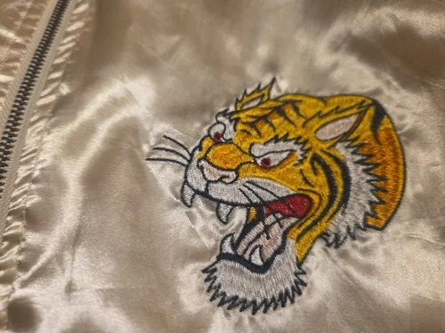 Brooklyn Bomber Jacket Men Sz Lg Champagne GoldTiger Embroidered Full Zip Damage image 5