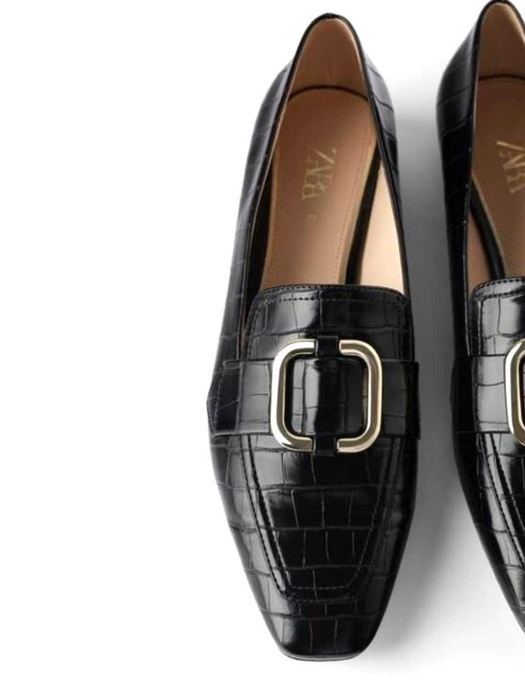 ZARA Croc Embossed Loafers Buckle Black 39 US 8 Square Toe Slip On Animal Print - Image 2 of 4