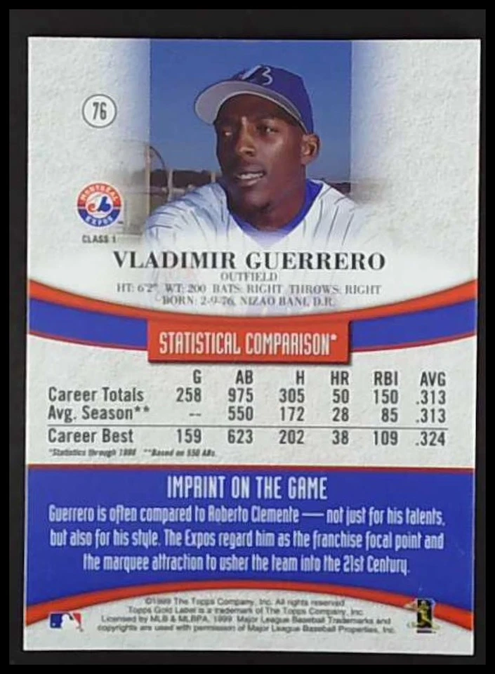 1999 Topps Baseball Gold Label Vladimir Guerrero #76 MONTREAL EXPOS MLB CARD - Image 2 of 4