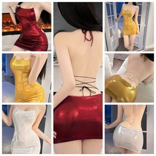 US Womens Sexy Shiny Metallic Club Chin Halter Neck Backless Bodycon Mini Dress