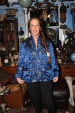 Vintage Chinese Jacket Blue Peonies Satin Floral Jacquard Reversible Med