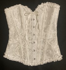 Women's White Lace Up Boned Overbust Corset Size XSmall Jacquard Bridal Romantic