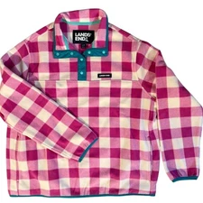 Lands' End Pink Plaid Fleece Pullover - Cozy Winter Essential 