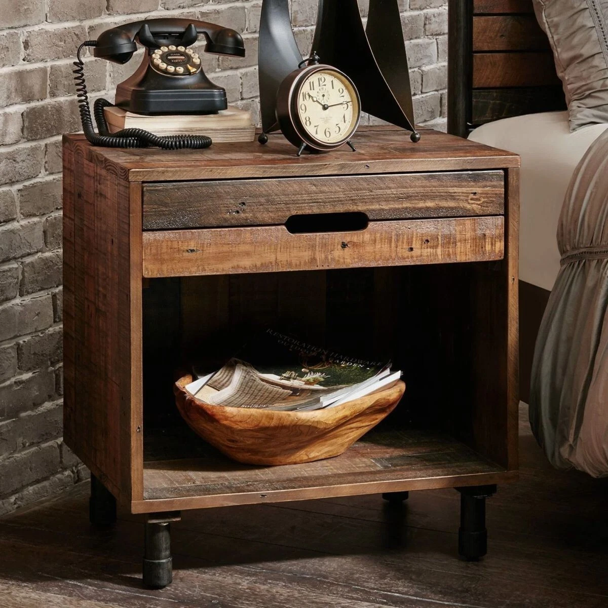Rustic Nightstand with Drawer and Shelf Bed End Table Bedroom