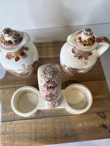 Vintage Nasco Japan Oil/Vinegar Cruet Set With Caddy/holder Mountain Woodland - Picture 13 of 24