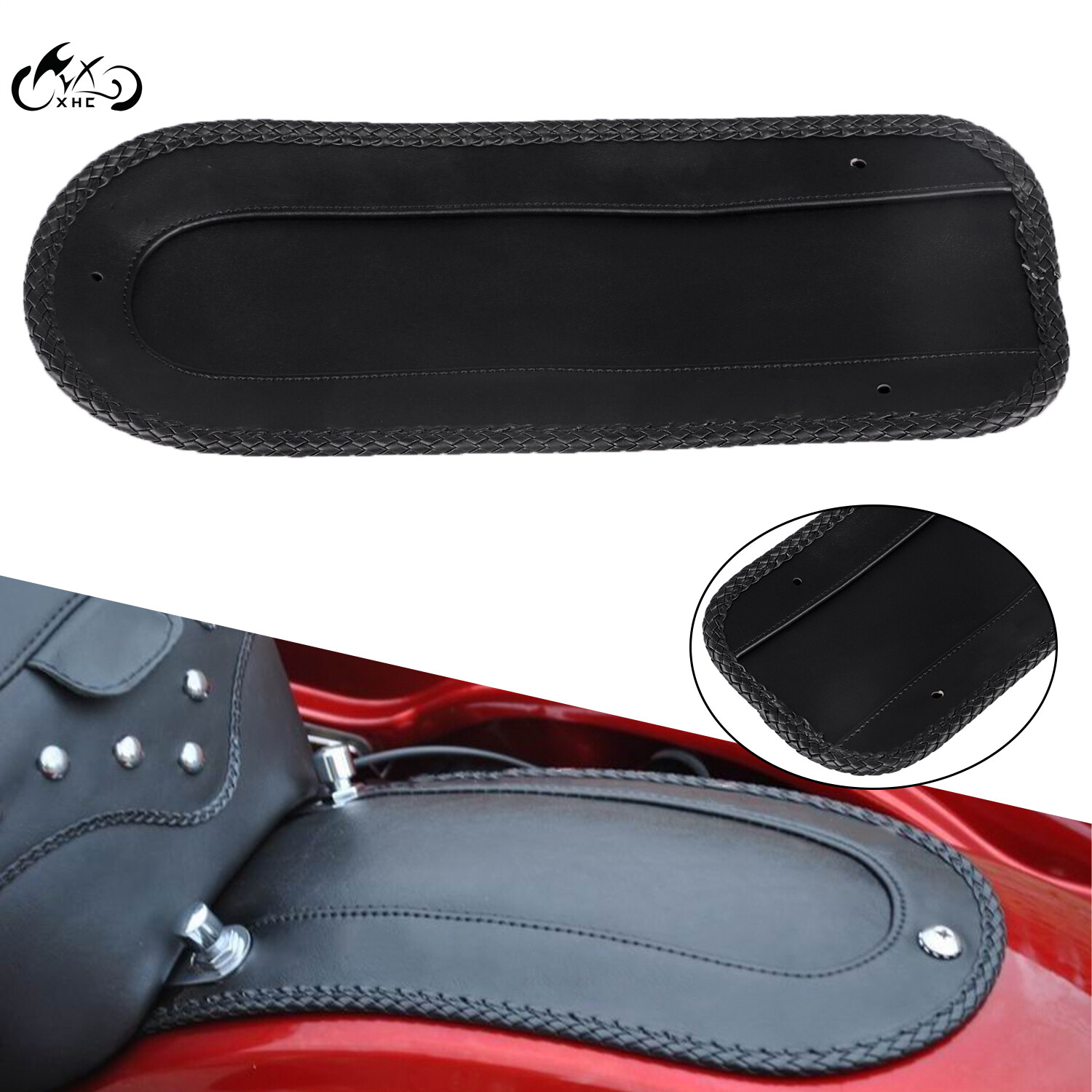 Black PU Leather Rear Fender Bib With Studs For Harley Heritage Softail Classic / Fatboy FLSTF - Solo Seat, Felt Liner - View #2