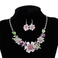 Pink Flowers Silver Crystal Diamantes Necklace Earrings Set Costume Jewellery