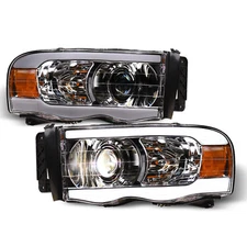 Topline For 2002-2005 Dodge Ram LED Strip Bar Projector Headlights Amber Chrome