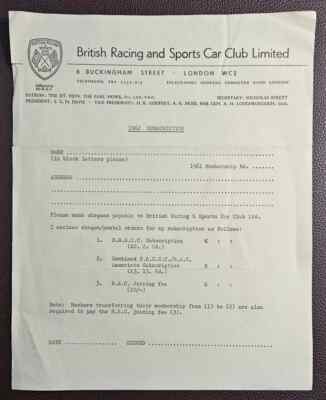 British Racing & Sports Car Club 1962, Buckingham St, unbenutzter Abobrief