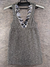 Anna Sui Dress Junior 3 Gray Tweed Metallic Fringe Short V-Neck Open Back Lined