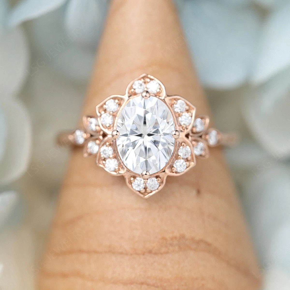 Art deco engagement ring vintage Unique Oval Moissanite 14k Rose Gold