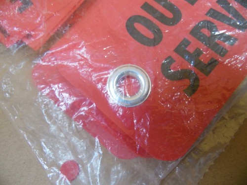 25 WATERPROOF Plastic OUT OF SERVICE Lock Out Tag Out w/ Eyelet FOR WET AREAS - Picture 5 of 6