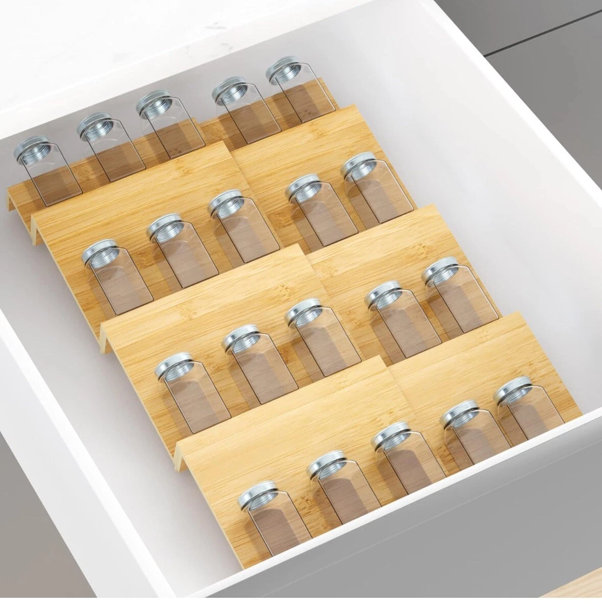 Bamboo Spice Rack Drawer Organizer 7-13"W x 21.65”L Includes 24 Spice Jars