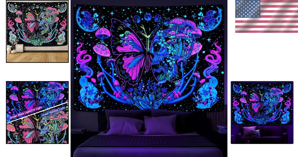 UV Reactive Blacklight Skull Tapestry Psychedelic Room Decor 59.1 eBay