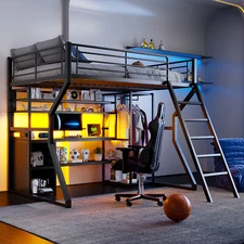 Full Size Metal Gaming Loft Bed with Wardrobe Shelves LED for Adults Teens Black