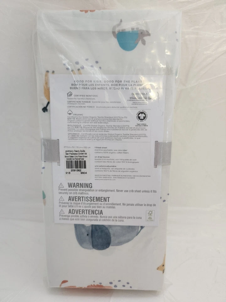 Sábana Ajustable Cuna Orgánica Pottery Barn Baby Scout Safari 27.5"x52" Blanca/Multi Foto 2 de 2