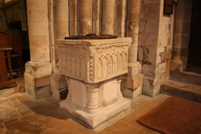 Photo 6x4 Norman font Ingthorpe Intersecting Romanesque arches adorn the  c2006