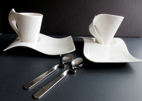 Villeroy & Boch New Wave Caffe Mugs, Saucers and Spoons Set of 2 White Porcelain