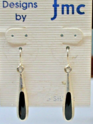 DESIGNS BY FMC .925 STERLING SILVER ONYX DANGLE HOOK 1+3/4'' EARRINGS.