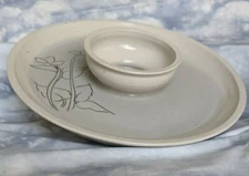 ARTISAN Pottery Light Gray Round Chips or Vegetable Tray with Dip Bowl 