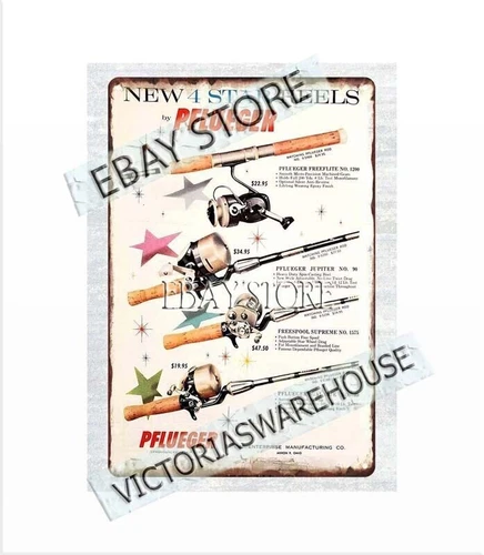 1961 baitcasting reel Fishing Reels Akron,OH cabin camp house lodge tin sign