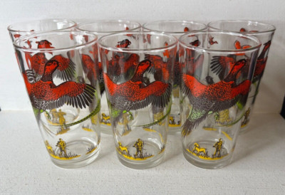 Hazel Atlas Pheasant Glass Tumblers 5'' MCM Hunting Scene (Red Head) Set of 7