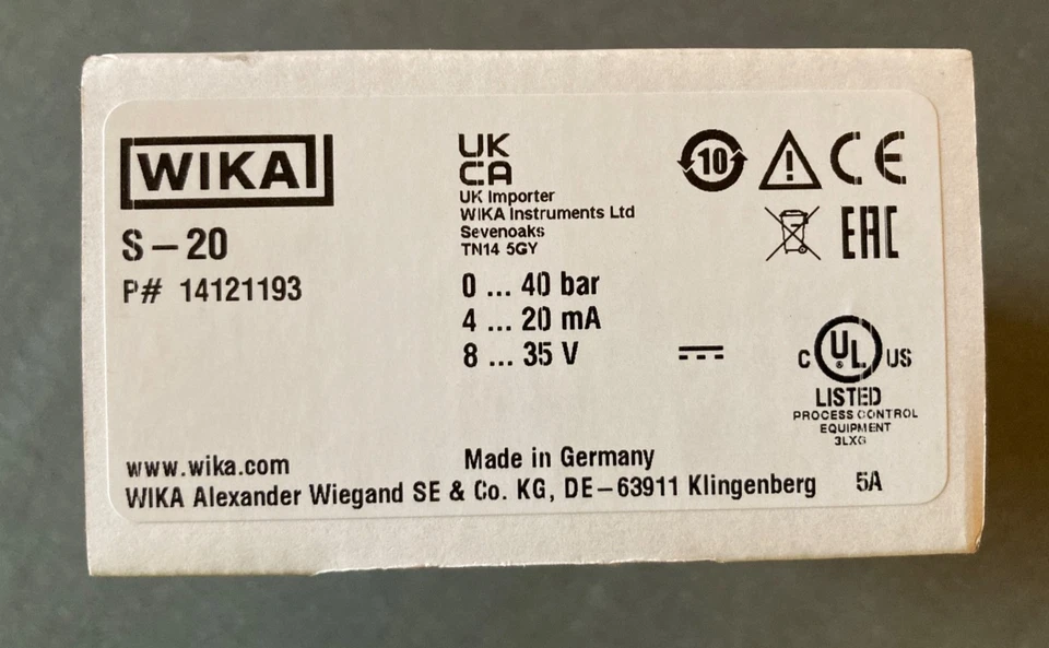 Wika S-20 14121193 Superior Pressure Transmitter 40bar/580PSIG Max Pressure - Image 2 of 4