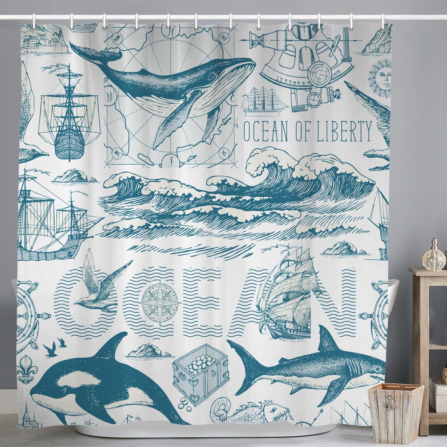 Rideau de douche maritime 180x200 cm à motif voilier bleu et boussole
