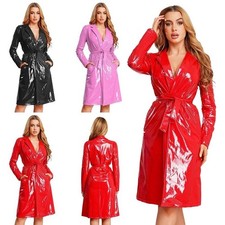 Women Long Trench Outwear Overcoat Metallic Wet Look Patent Leather Coats Rave