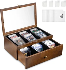 Trading Card Storage Box, 70+ Graded Card Storage Box with Custom Drawer, Wood S