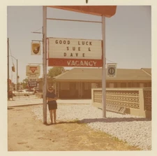 Good Luck Sue and Dave Motel Sign Conoco Gas Station Diners Club 1970s