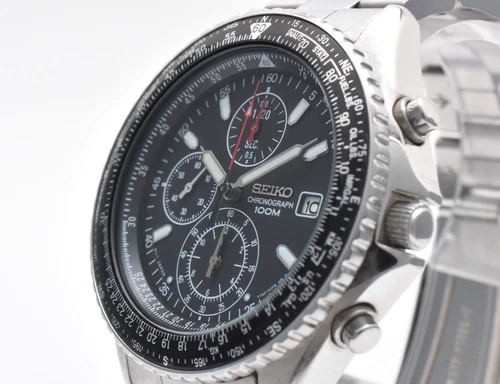 Vintage [Near MINT] Seiko 7T92-0CF0 Flightmaster Black Quartz Chronograph Men's