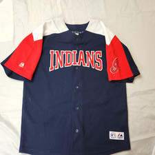 Cleveland Indians Jersey YOUTH sz 14/16  Majestic Blue Red Cool Base Button Up
