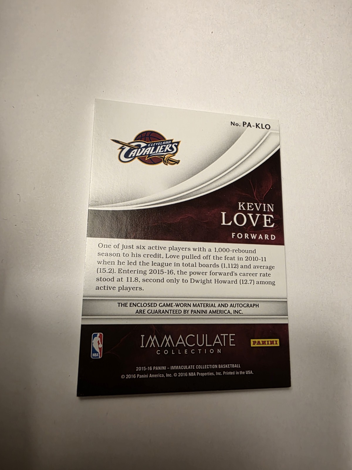2015-16 Panini Immaculate Kevin Love Patch Auto Jersey Flawless Treasures 3C /60 view 3